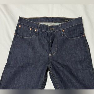 THVM Straight Leg Button Fly Jeans Urban Outfitters Dark Blue Denim Gold Stitch